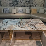 Luxury Marble-Top Coffee Table with Ribbed Wood Veneer and Gold Accents
